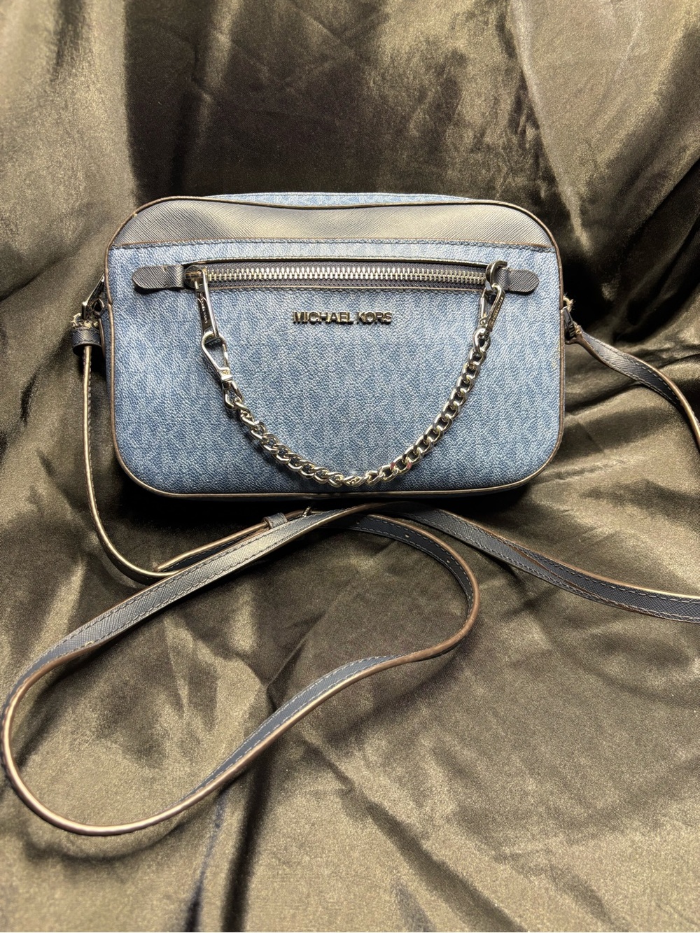 Michael Kors Denim-Print Blue Crossbody with Chain Detail